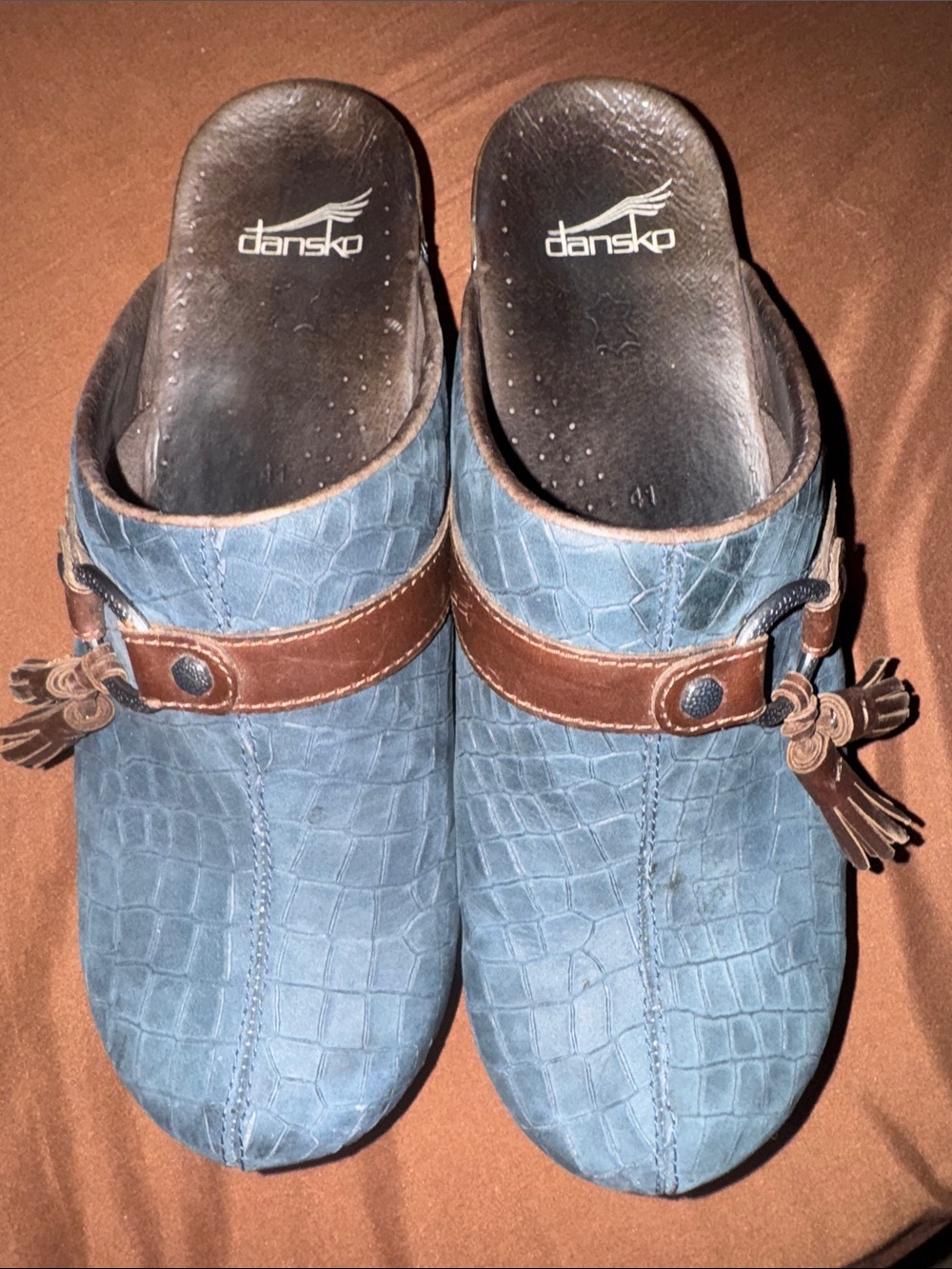 Dansko Navy Textured Slip-On Clogs with Brown Trim and Tassels. Excellent cond.